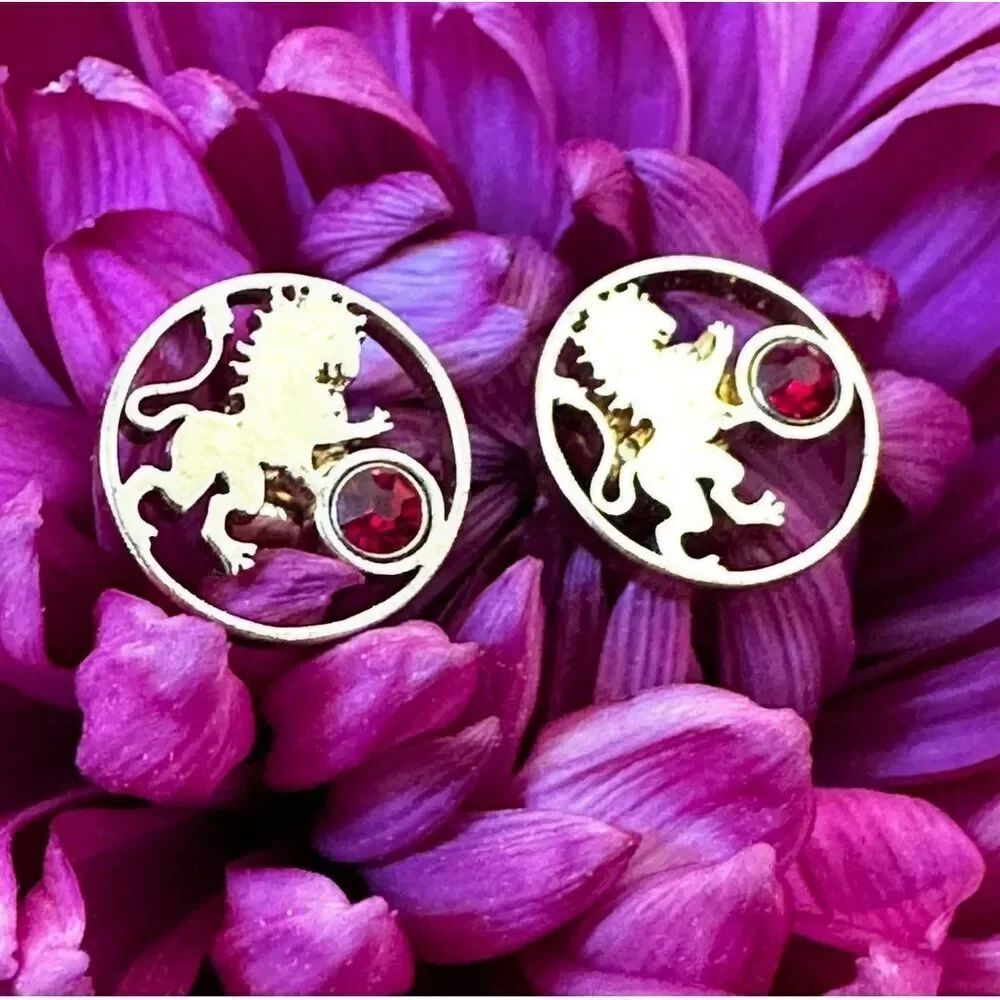 Gold tone circle lion red rhinestone post earrings